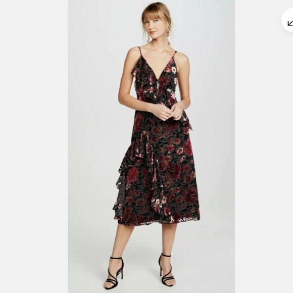 Jill Stuart Dalia Floral Flocked V-neck Sleeveless Ruffle Trim Gown 2 - Picture 1 of 16